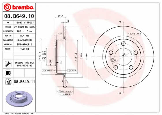 Brembo 08.B649.10 Rear brake disc, non-ventilated 08B64910