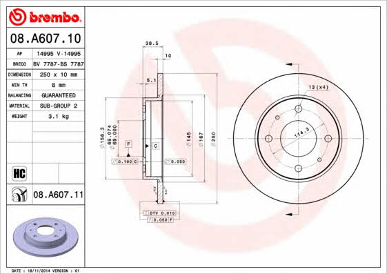 Rear solid brake disc Brembo 08.A607.11