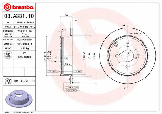 Rear solid brake disc Brembo 08.A331.11