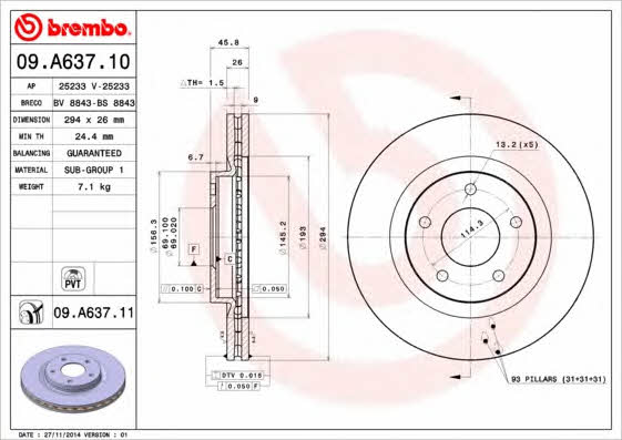 Ventilated disc brake, 1 pcs. Brembo 09.A637.11