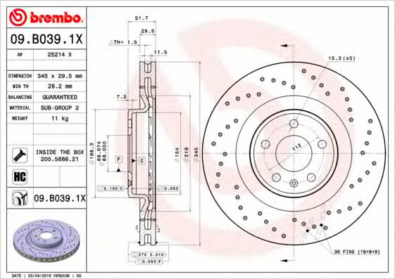 Ventilated brake disc with perforation Brembo 09.B039.1X