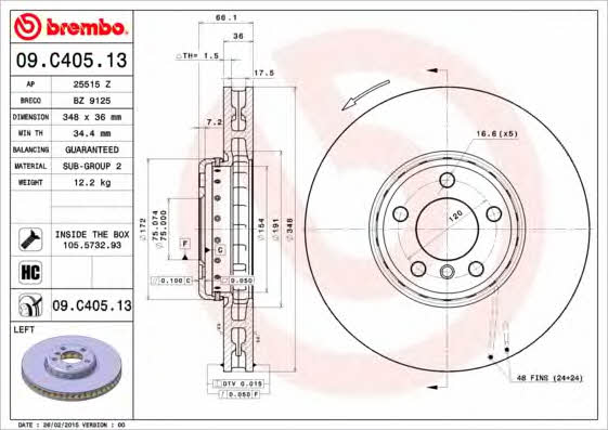 Ventilated disc brake, 1 pcs. Brembo 09.C405.13