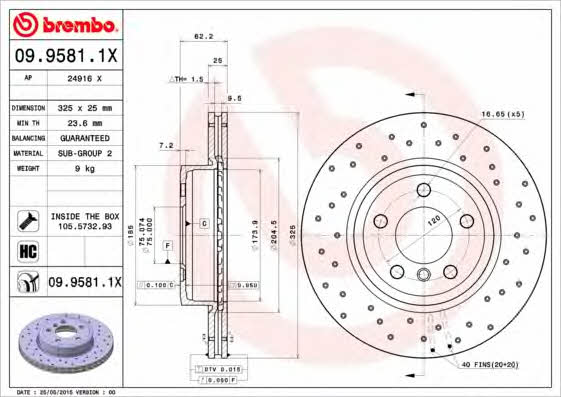 Ventilated brake disc with perforation Brembo 09.9581.1X