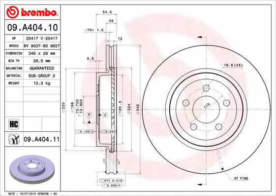Brembo 09.A404.10 Ventilated disc brake, 1 pcs. 09A40410