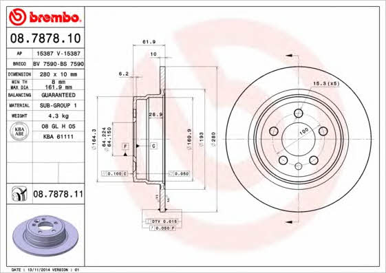 Rear solid brake disc Brembo 08.7878.11