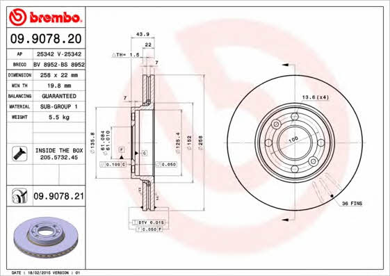 Ventilated disc brake, 1 pcs. Brembo 09.9078.21
