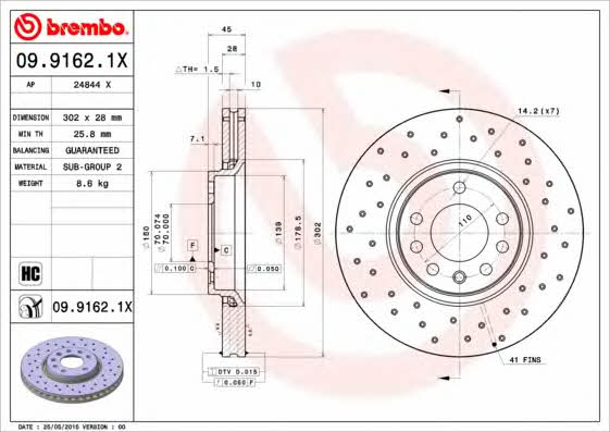 Ventilated brake disc with perforation Brembo 09.9162.1X