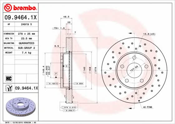 Ventilated brake disc with perforation Brembo 09.9464.1X