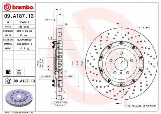 Ventilated brake disc with perforation Brembo 09.A187.13