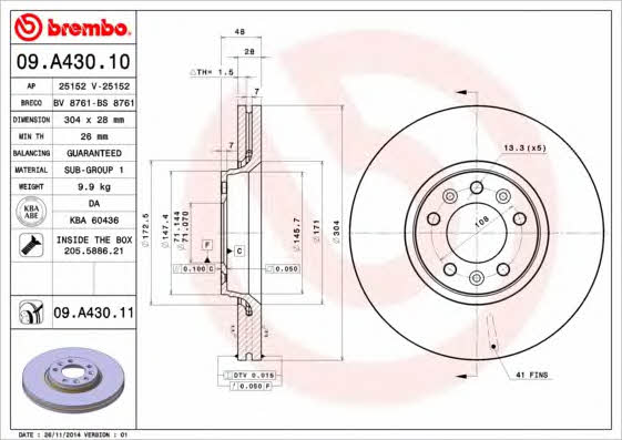 Vented brake disc, 1 pc Brembo 09.A430.11