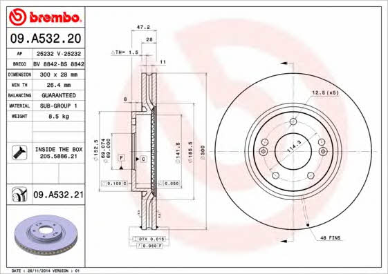 Front vented brake disc Brembo 09.A532.21