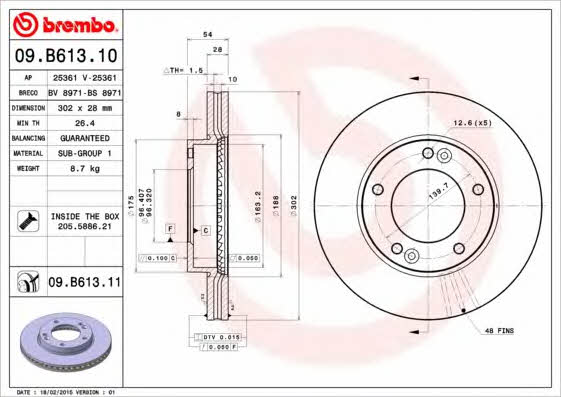 Brembo 09.B613.10 Ventilated disc brake, 1 pcs. 09B61310