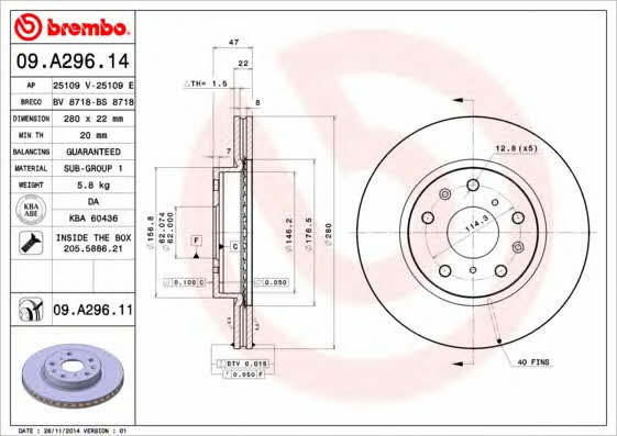 Ventilated disc brake, 1 pcs. Brembo 09.A296.11