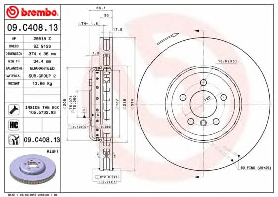 Vented brake disc, 1 pc Brembo 09.C408.13