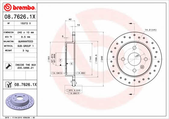 Unventilated brake disc Brembo 08.7626.1X