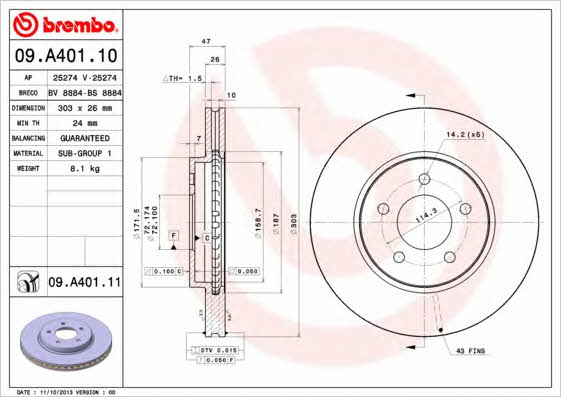 Vented brake disc, 1 pc Brembo 09.A401.11