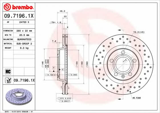 Ventilated brake disc with perforation Brembo 09.7196.1X