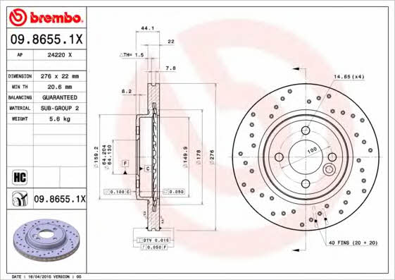Ventilated brake disc with perforation Brembo 09.8655.1X