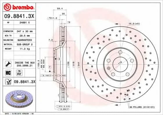 Ventilated brake disc with perforation Brembo 09.8841.3X