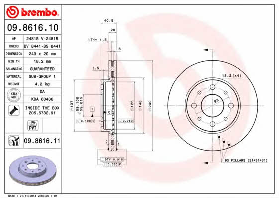 Vented brake disc, 1 pc Brembo 09.8616.11