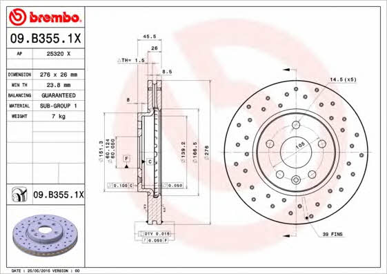 Ventilated brake disc with perforation Brembo 09.B355.1X