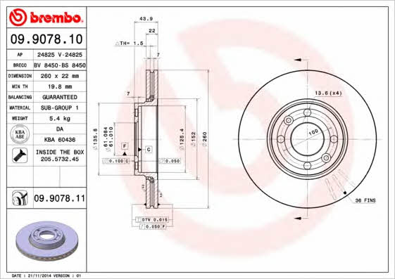 Ventilated disc brake, 1 pcs. Brembo 09.9078.11