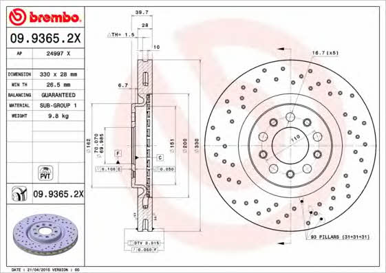 Ventilated brake disc with perforation Brembo 09.9365.2X