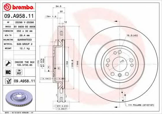 Ventilated disc brake, 1 pcs. Brembo 09.A958.11