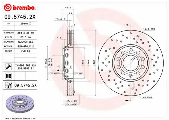 Ventilated brake disc with perforation Brembo 09.5745.2X