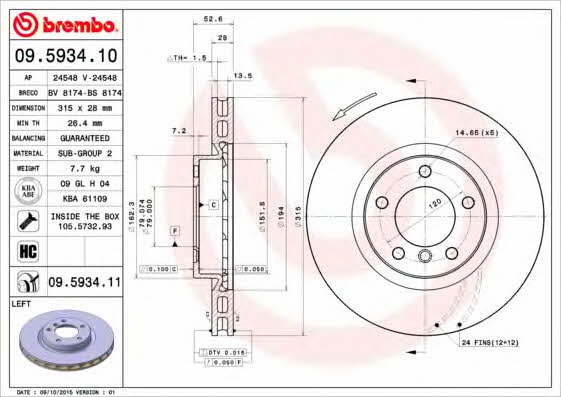 Ventilated disc brake, 1 pcs. Brembo 09.5934.11