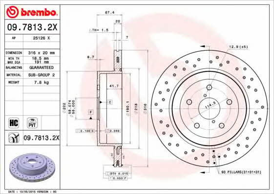 Ventilated brake disc with perforation Brembo 09.7813.2X