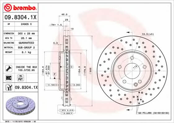 Ventilated brake disc with perforation Brembo 09.8304.1X