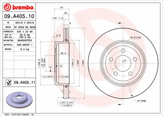 Brembo 09.A405.10 Rear ventilated brake disc 09A40510