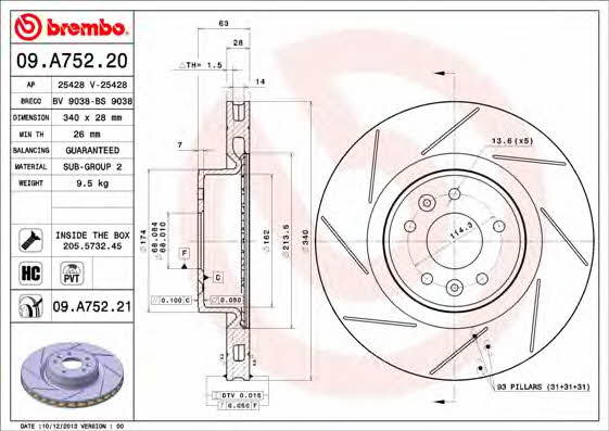 Brembo 09.A752.20 Ventilated disc brake, 1 pcs. 09A75220