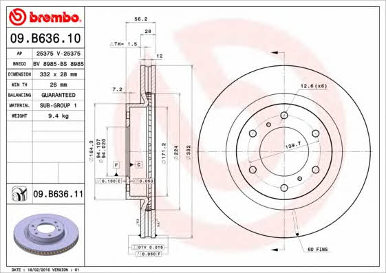 Brembo 09.B636.10 Ventilated disc brake, 1 pcs. 09B63610