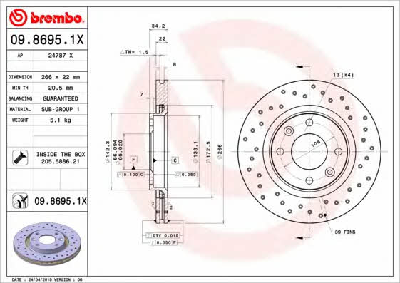 Ventilated brake disc with perforation Brembo 09.8695.1X