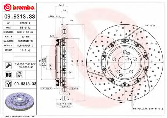 Ventilated brake disc with slotting and perforation Brembo 09.9313.33