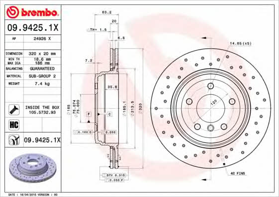 Ventilated brake disc with perforation Brembo 09.9425.1X