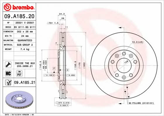 Ventilated disc brake, 1 pcs. Brembo 09.A185.21