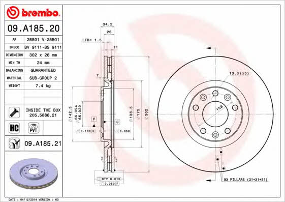Vented brake disc, 1 pc Brembo 09.A185.21