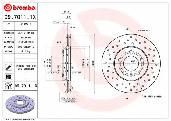 Ventilated brake disc with perforation Brembo 09.7011.1X
