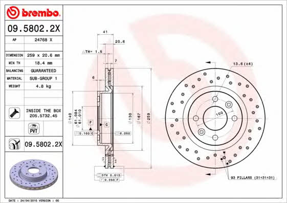 Ventilated brake disc with perforation Brembo 09.5802.2X