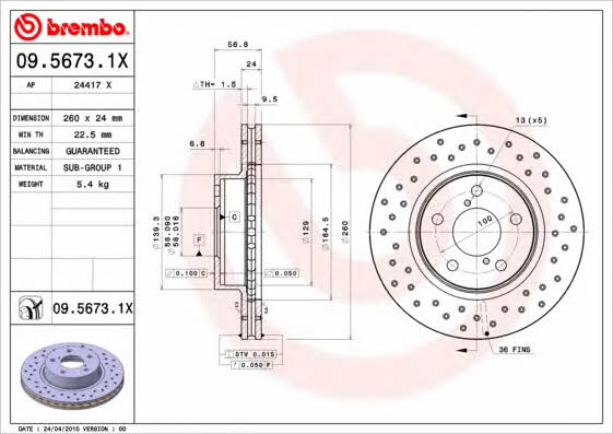 Ventilated brake disc with perforation Brembo 09.5673.1X