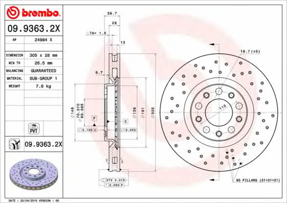 Front brake disc ventilated Brembo 09.9363.2X