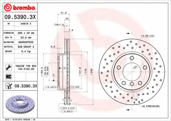 Ventilated brake disc with perforation Brembo 09.5390.3X