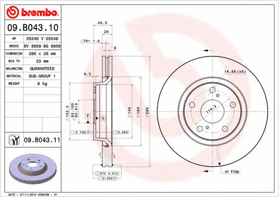 Front vented brake disc Brembo 09.B043.11
