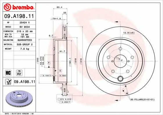 Rear ventilated brake disc Brembo 09.A198.11