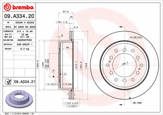 Rear vented brake disc Brembo 09.A334.21
