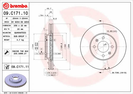 Brembo 09.C171.10 Ventilated disc brake, 1 pcs. 09C17110