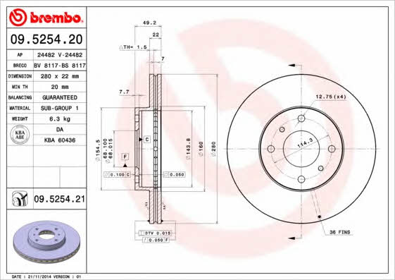 Ventilated disc brake, 1 pcs. Brembo 09.5254.21